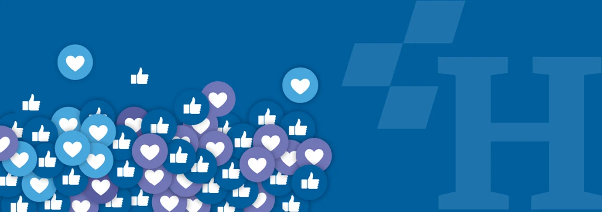 Blue background with “like” and “love” social icons and Harbin branding