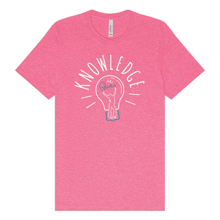 Salmon colored tee shirt that reads “Knowledge” and pictures a light bulb.