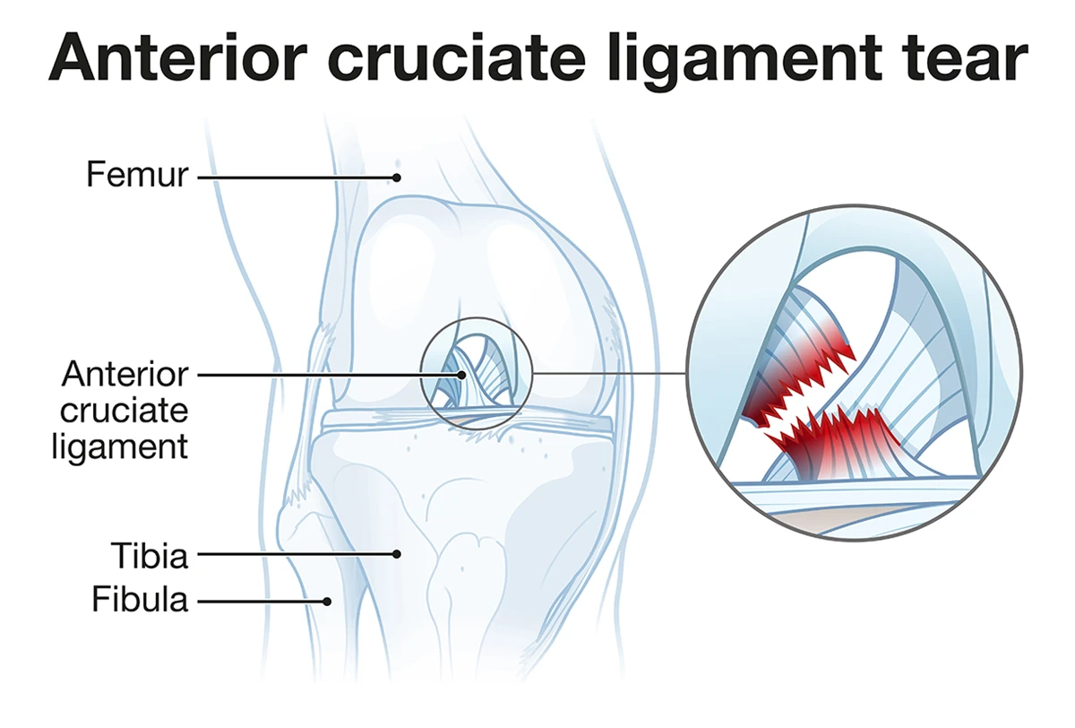 The image illustrates a tear of the anterior cruciate ligament (ACL), which connects the femur and tibia in your knee joint.