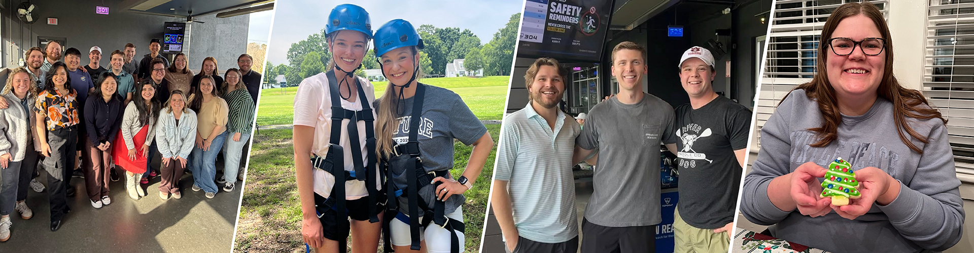 Floyd Family Medicine Residency students during social activities including Top Golf, on a ropes course and making crafts